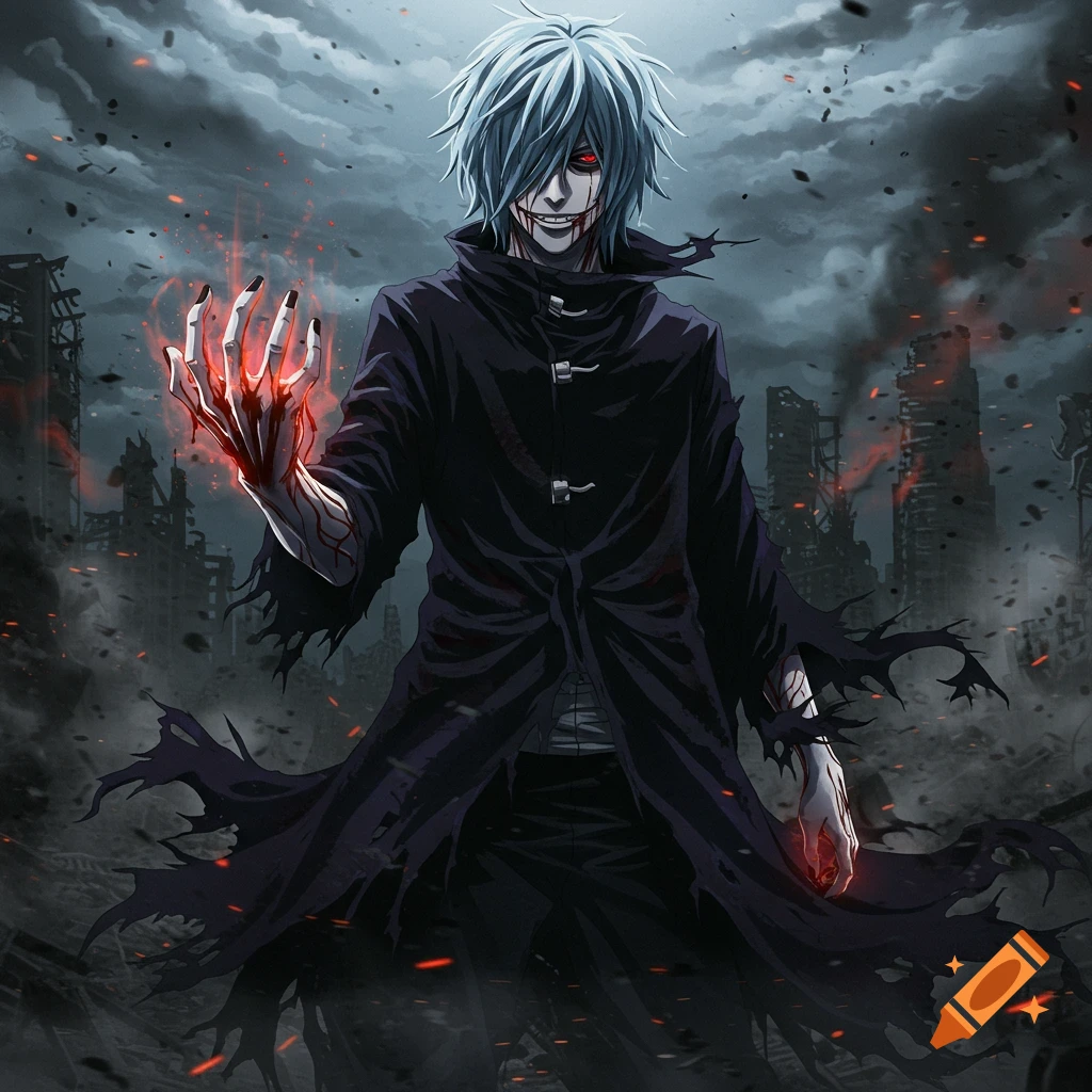 An anime style image of Tomura Shigaraki with light blue hair, red eyes, and a bloody smile, wearing a dark, tattered coat. His left hand glows red with energy in a destroyed city.