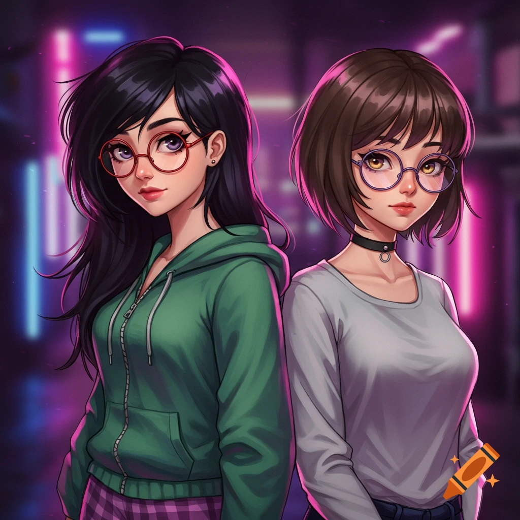 Anime portrait of two girls: one with long black hair, red glasses, green hoodie; the other with short brown hair, purple glasses, and a choker, against neon lights.