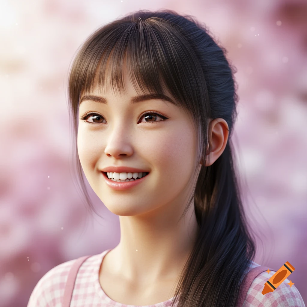 Hyperrealistic portrait of a smiling young woman with dark hair and bangs, wearing a pink top, against a soft pink bokeh background.