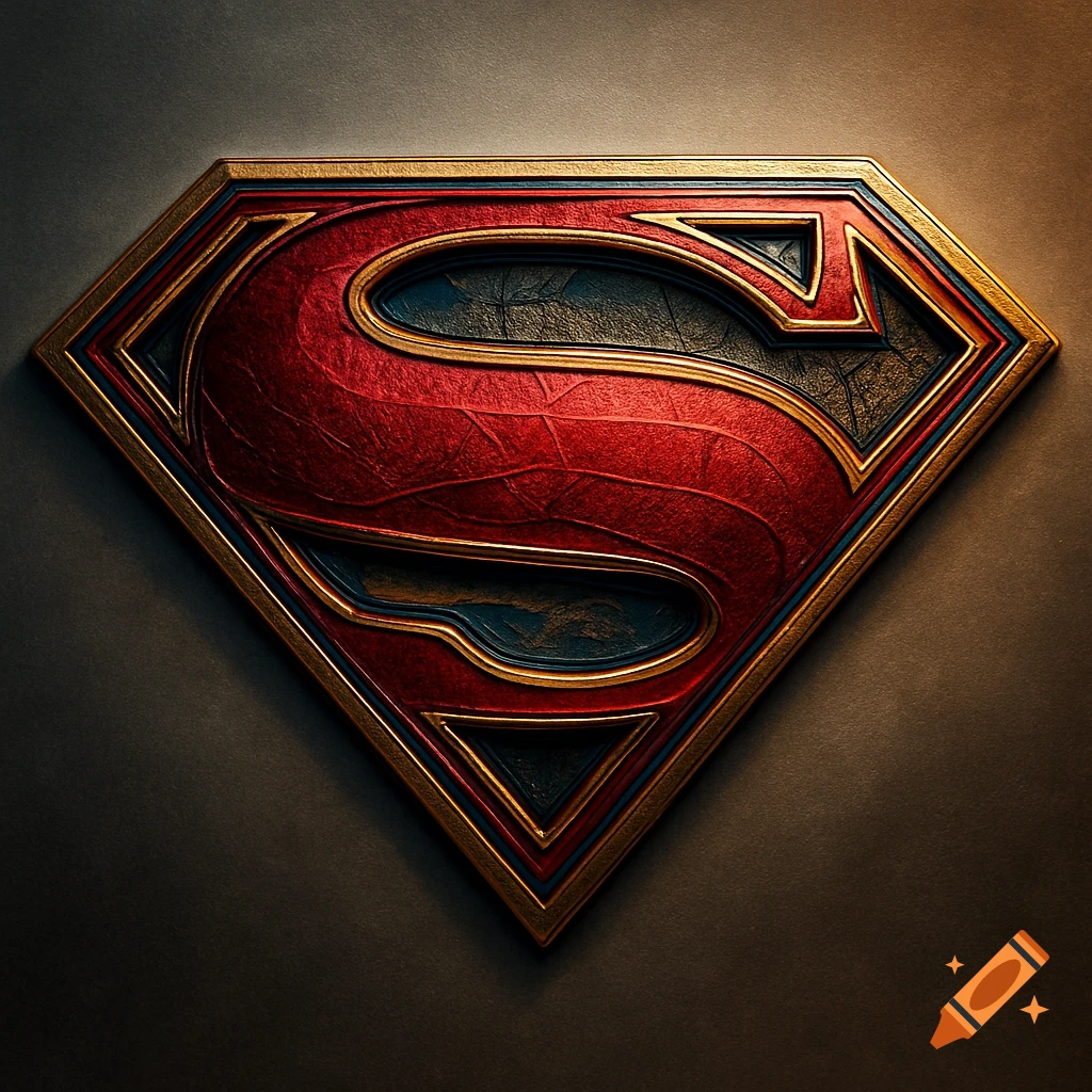 Realistically rendered, shiny crimson red and gold Superman 'S' shield on a dark background.