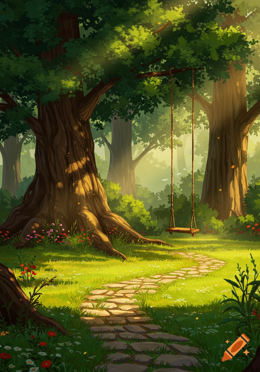 A sunlit, stylized illustration of a forest clearing with a tree swing, large trees, a winding stone path, and wildflowers.