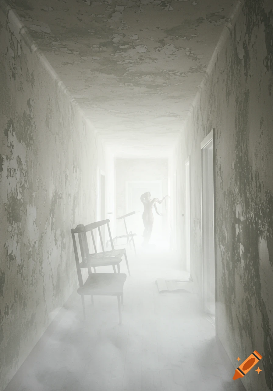 Eerie, foggy hallway with peeling paint, two chairs, and a blurred, indistinct figure in the distance.
