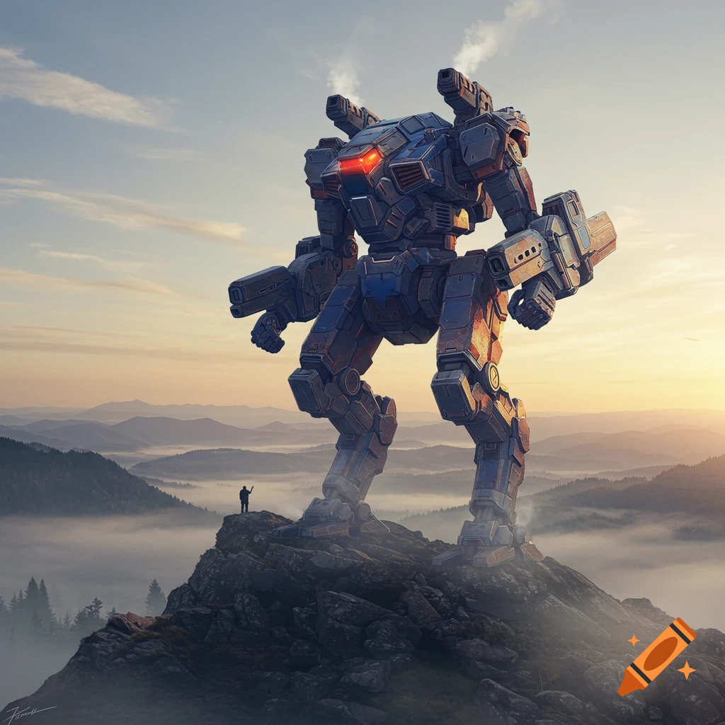 A gigantic mech stands on a mountain peak overlooking a misty valley at sunset, with a tiny person looking up at it.