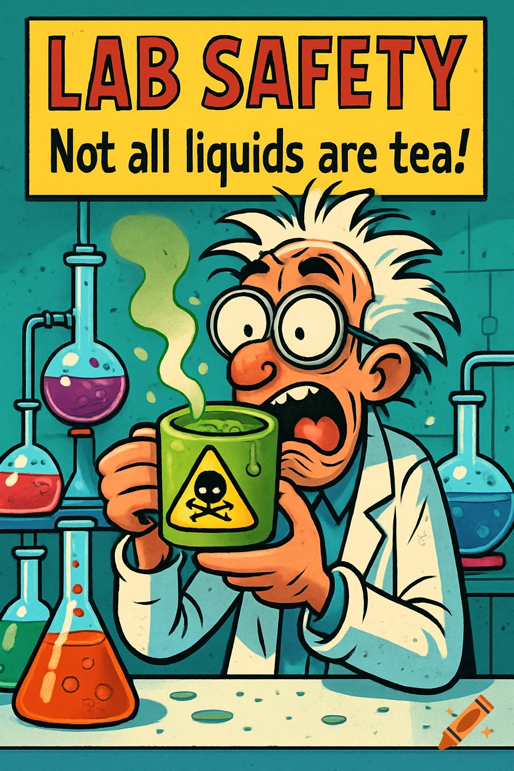 A cartoon scientist with wild hair and glasses looks horrified, holding a mug with a toxic skull symbol from which green smoke rises. Above him is a sign that reads "LAB SAFETY Not all liquids are tea!".