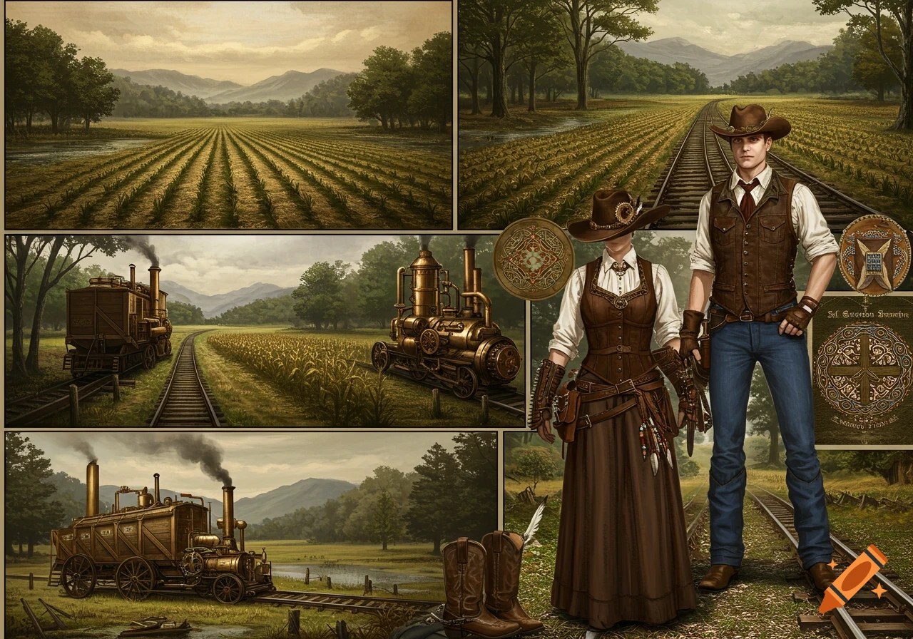 Steampunk-western concept art with a couple in leather attire, ornate brass trains, and agricultural fields.
