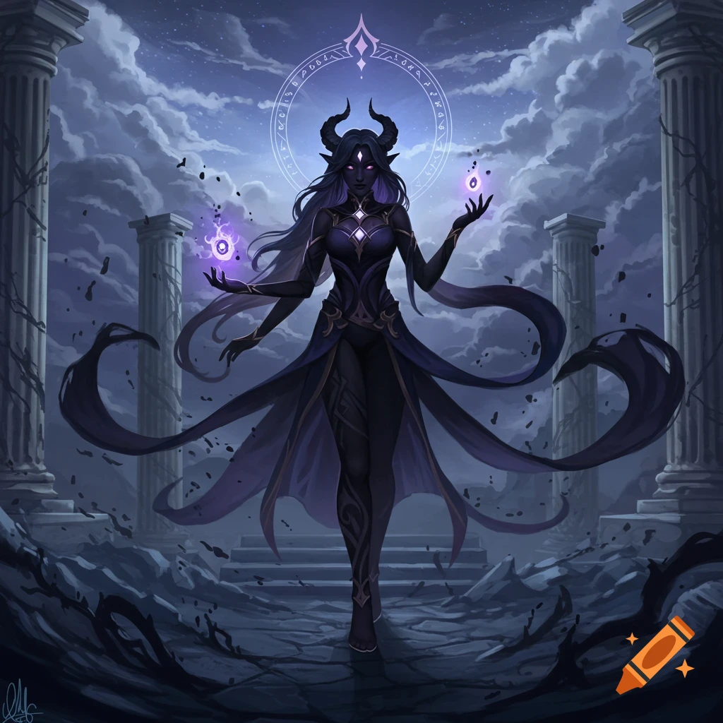 Dark fantasy archon with horns, dark skin, and long hair, wearing an ornate dark outfit, holding glowing purple orbs, standing in ruins under a starry night sky.