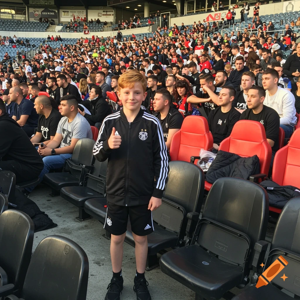 A young boy with light brown hair in a black Adidas tracksuit gives a thumbs-up at a crowded football stadium.