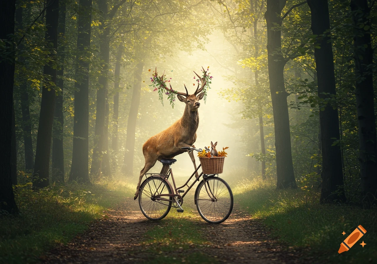 A photorealistic deer with flowers on its antlers rides a bicycle down a sunlit forest path, carrying a rabbit in a front basket.