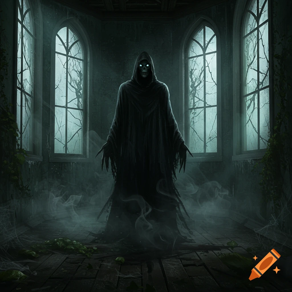 A dark, atmospheric image of a cloaked figure with glowing eyes standing in a decaying, gothic room with arched windows.