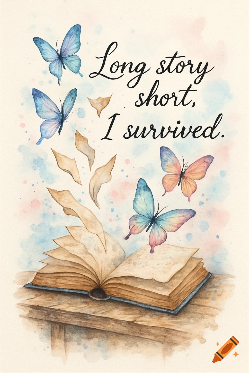 Watercolor illustration of an open book with pages and colorful butterflies flying out, and the quote 'Long story short, I survived.'