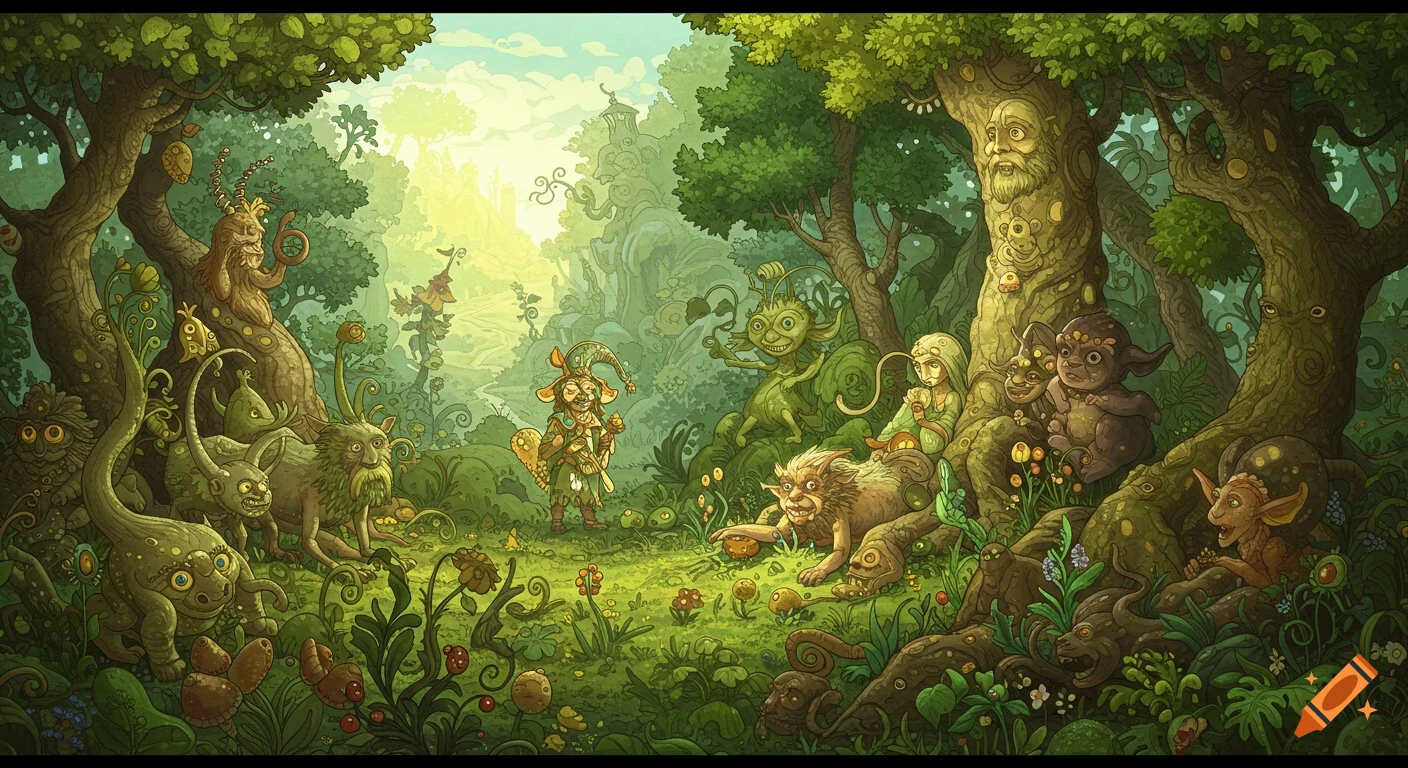 A whimsical, detailed illustration of an enchanted forest filled with fantastical, green-skinned creatures and tree-like beings.