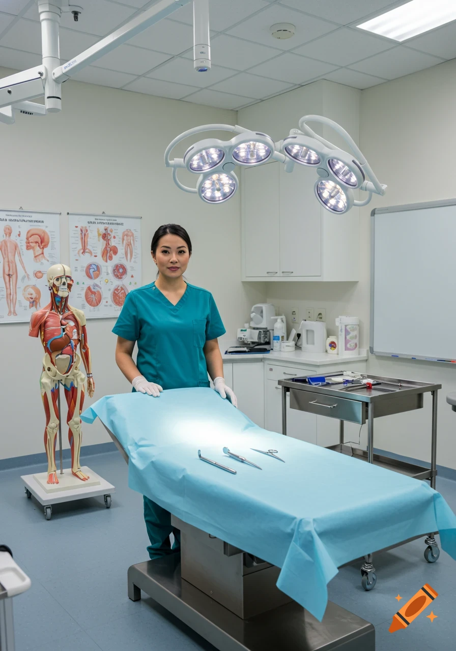A woman in teal scrubs and gloves stands behind an operating table with instruments in a photorealistic medical training room with an anatomical model.