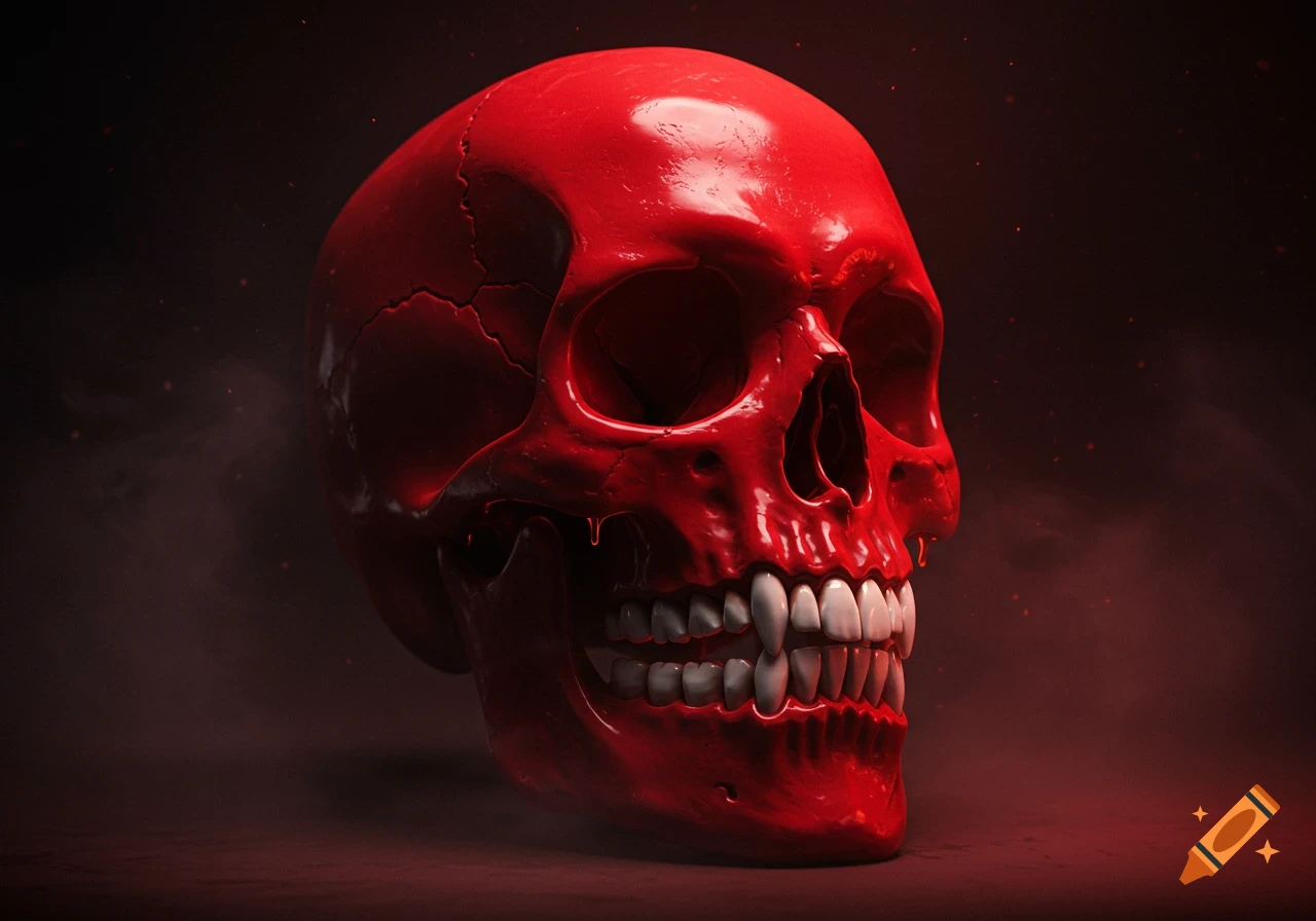 A glossy, bright red human skull with sharp white fangs, set against a dark, smoky background with red glowing particles.