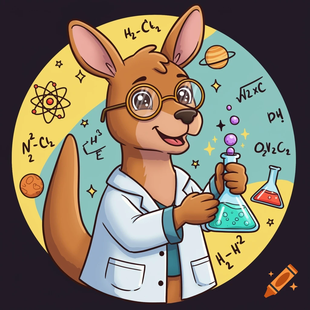 Cartoon kangaroo scientist wearing glasses and a lab coat, holding a bubbling flask, surrounded by scientific symbols.