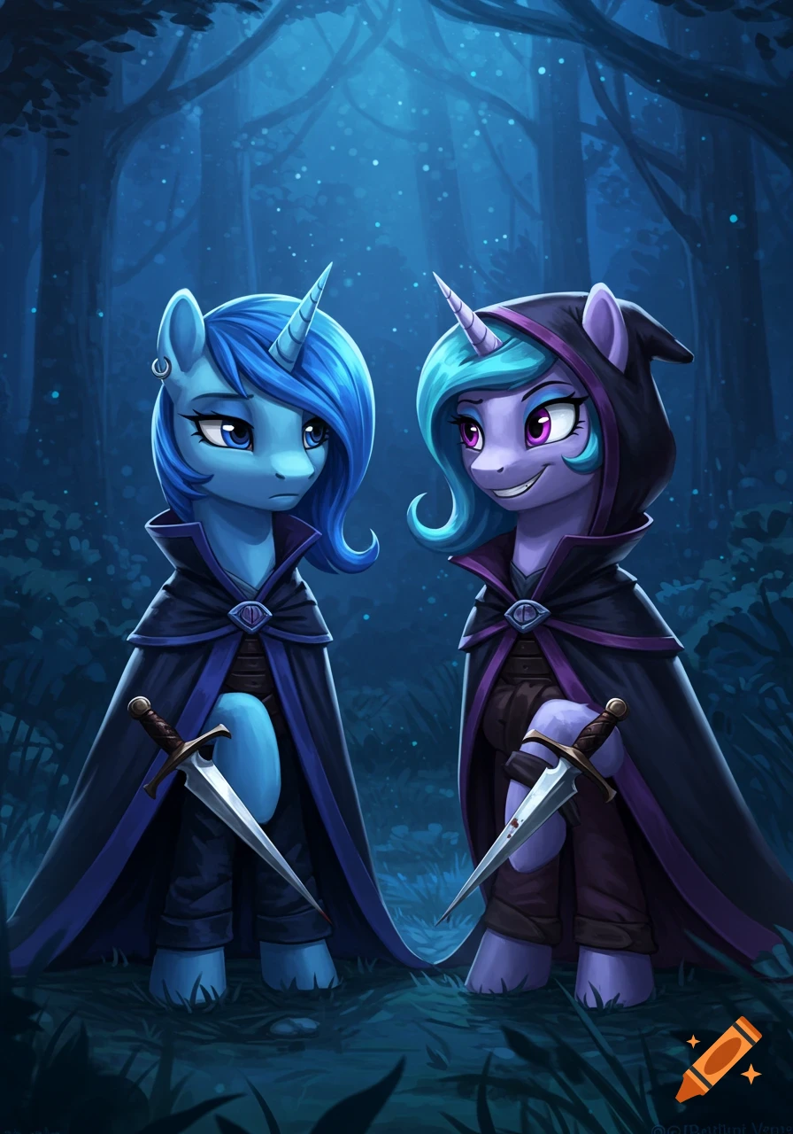 Two blue and purple My Little Pony-style unicorns in dark cloaks hold daggers in a moonlit forest. One smiles sinisterly, the other deadpan.
