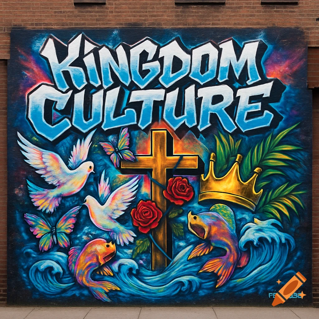 Vibrant graffiti mural featuring "KINGDOM CULTURE" text, doves, butterflies, a cross, golden crown, roses, fish in waves, and palm leaves.