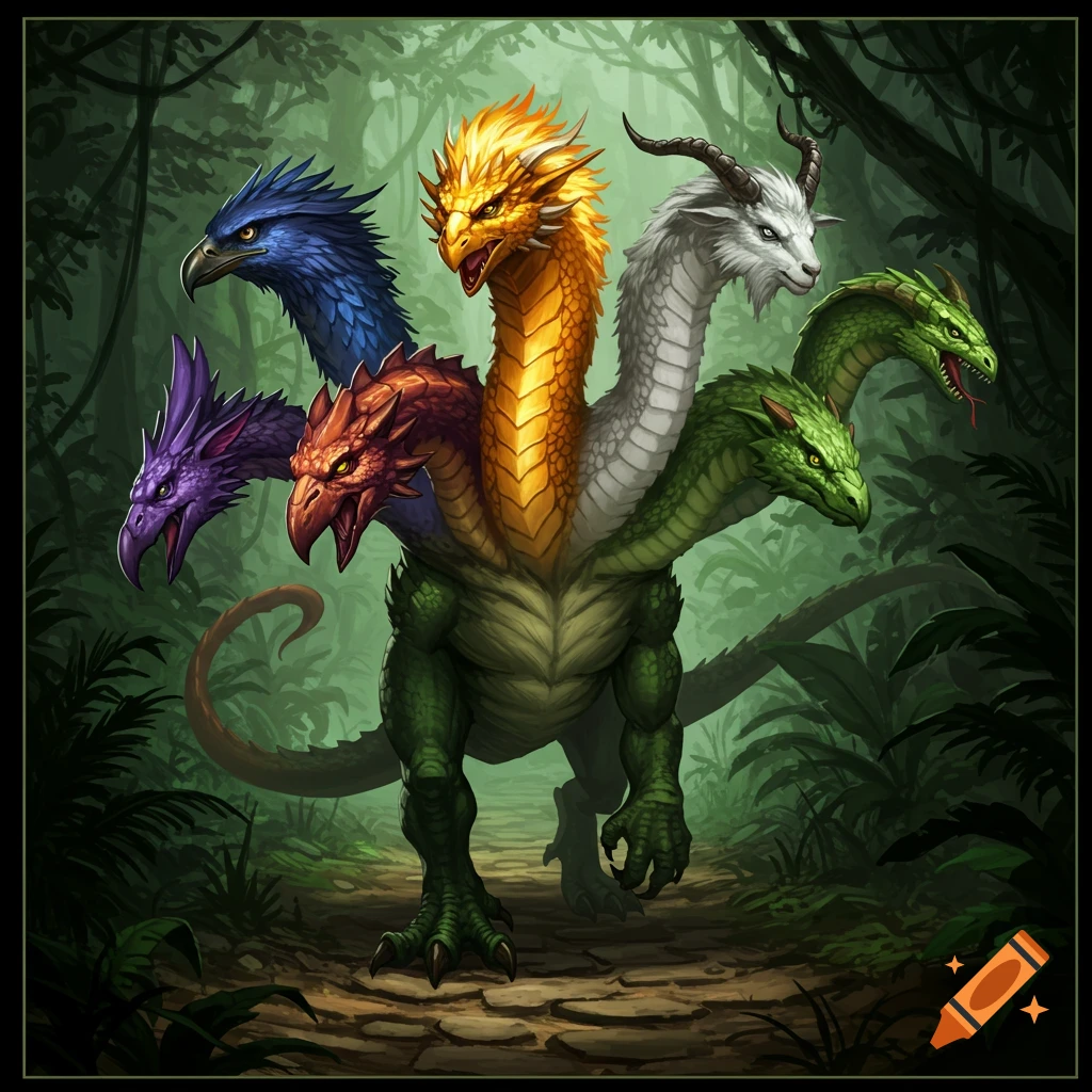 A vibrant illustration of a five-headed chimeric dragon-like beast with colorful heads resembling an eagle, scorpion, lion, goat, and cobra, standing in a lush jungle.