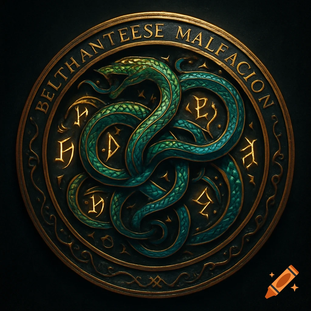 An ornate, circular golden-bronze emblem with a coiled teal-green snake, 'BELTHANTEESE MALFACION' text, and golden runic symbols.