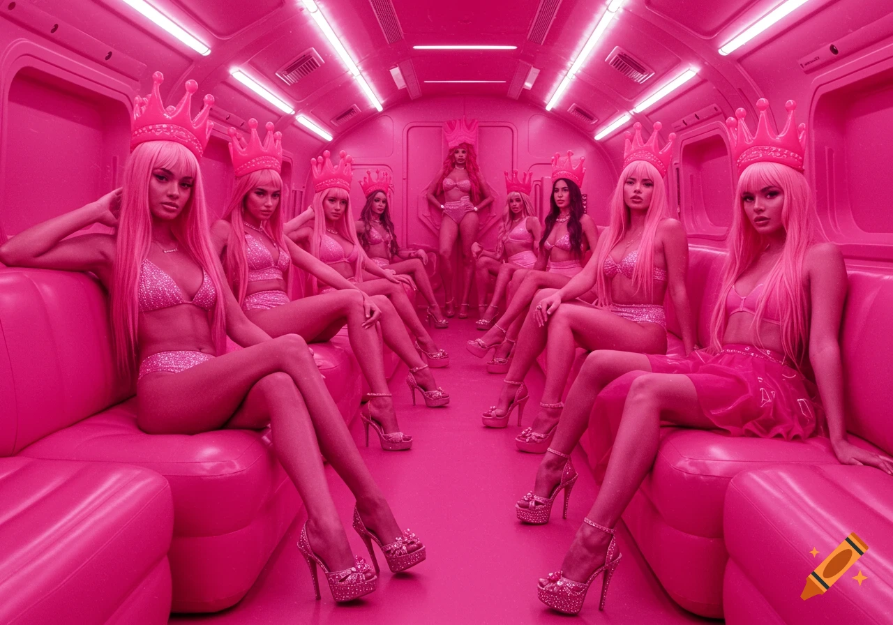 A group of women with pink hair and crowns, wearing pink bikinis and high heels, sit in a hot pink spaceship interior.