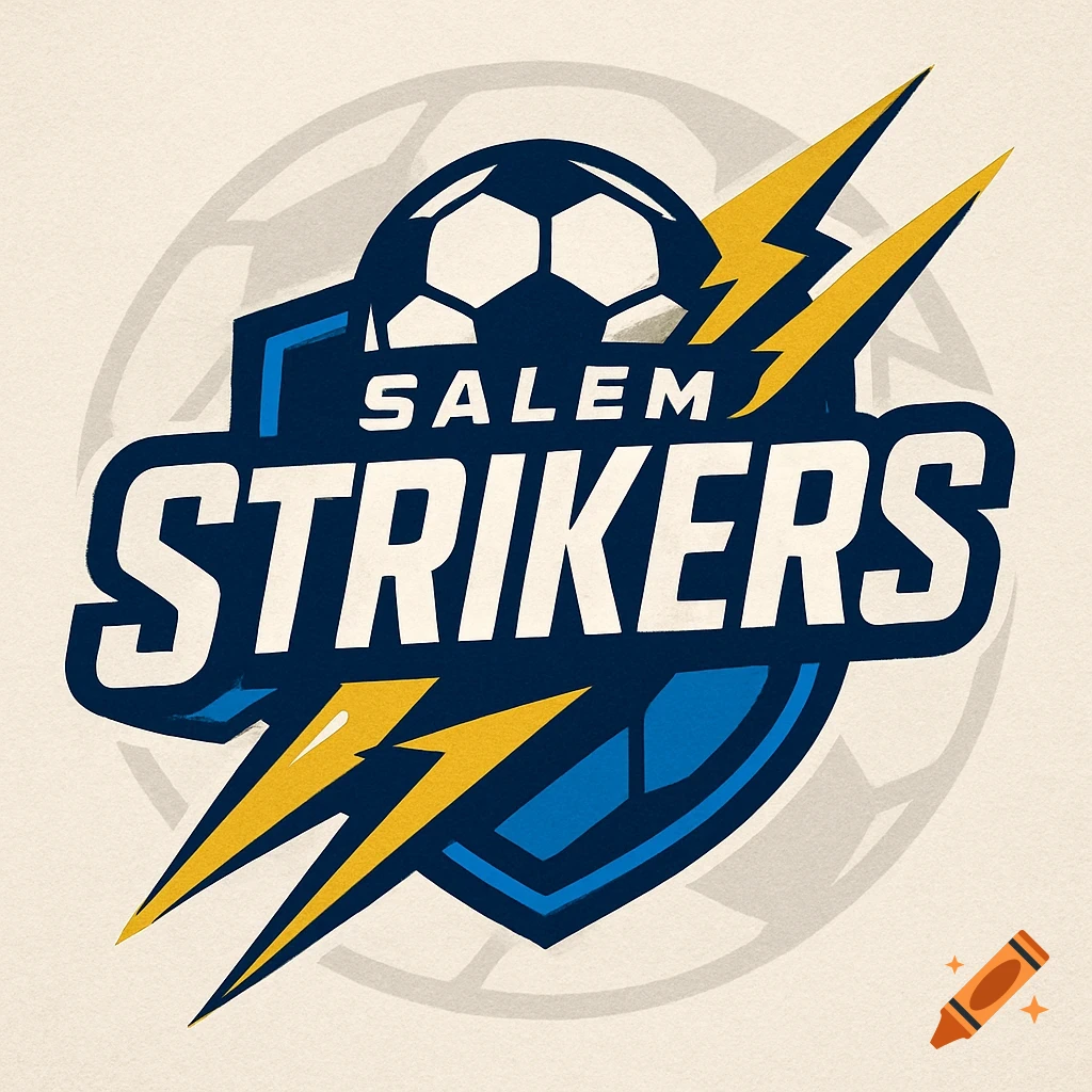 Salem Strikers soccer team logo with a blue shield, soccer ball, and yellow lightning bolts.