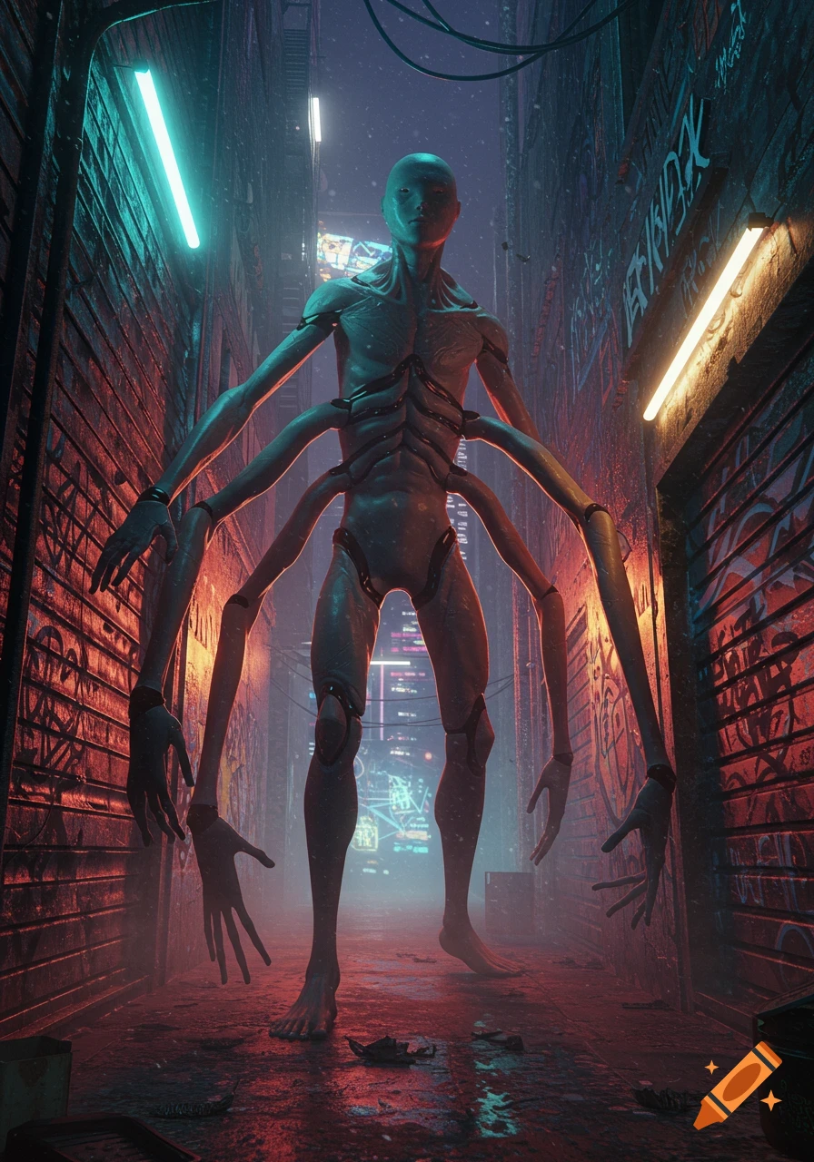 A tall, faceless, multi-limbed creature stands in a neon-lit cyberpunk alleyway with graffiti-covered walls.