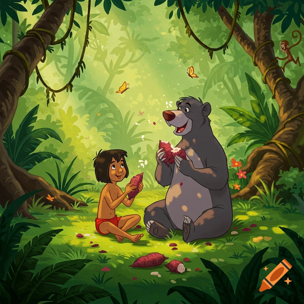 Cartoon of Mowgli and Baloo eating purple yams in a lush green jungle.