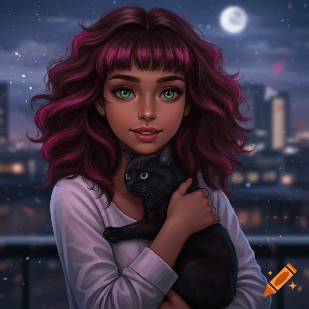 Digital art of a girl with dark skin and pink hair holding a black cat at night, with a cityscape and full moon in the background.