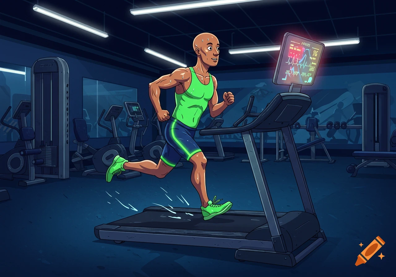 A cartoon bald man in green activewear sweats while running on a treadmill in a dimly lit gym.