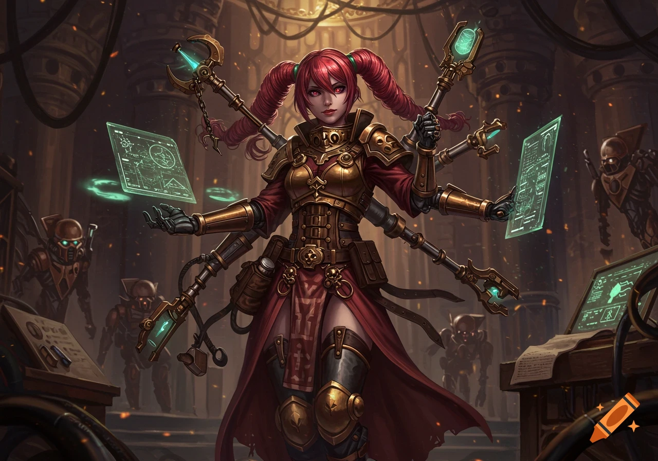 Anime-style red-haired tech priest with multiple mechanical arms and glowing staffs, surrounded by holographic screens and robots in a dark, industrial setting.