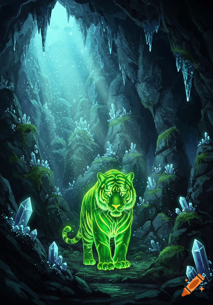 A glowing green tiger in a mystical cave with blue crystals and a light beam from above. Digital illustration.