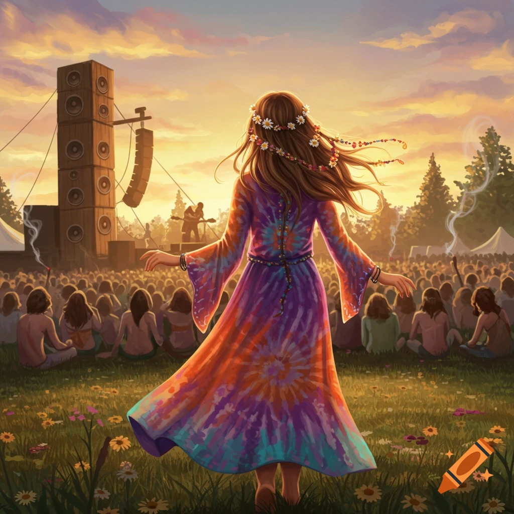 Digital art of a hippie girl in a tie-dye dress dancing at a 1970s sunset music festival with a crowd and stage.
