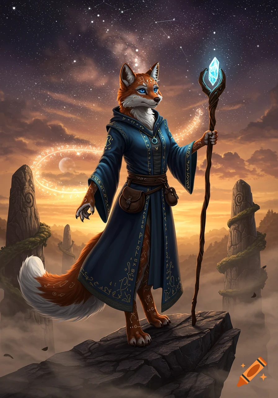 A fox wizard in a blue robe with glowing runes stands on a rock holding a crystal staff, against a starry sunset sky. Digital art.