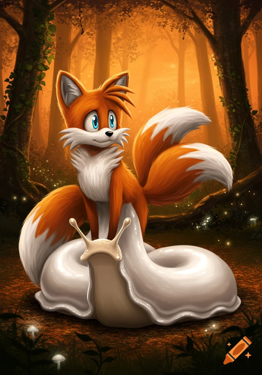 Tails the fox, with a white slug-like lower body, sits in an enchanted forest during sunset in a digital illustration.