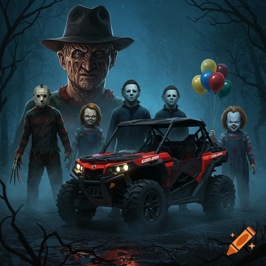 Stylized illustration of Freddy Krueger overlooking Jason, Chucky, two Michael Myers, and Pennywise with balloons next to a red Can-Am X3 in a dark, foggy forest.