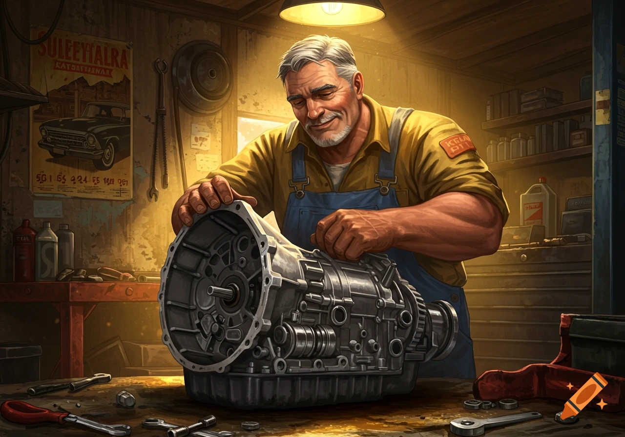 A smiling, gray-haired mechanic in a garage workshop assembling a large car transmission, surrounded by tools.