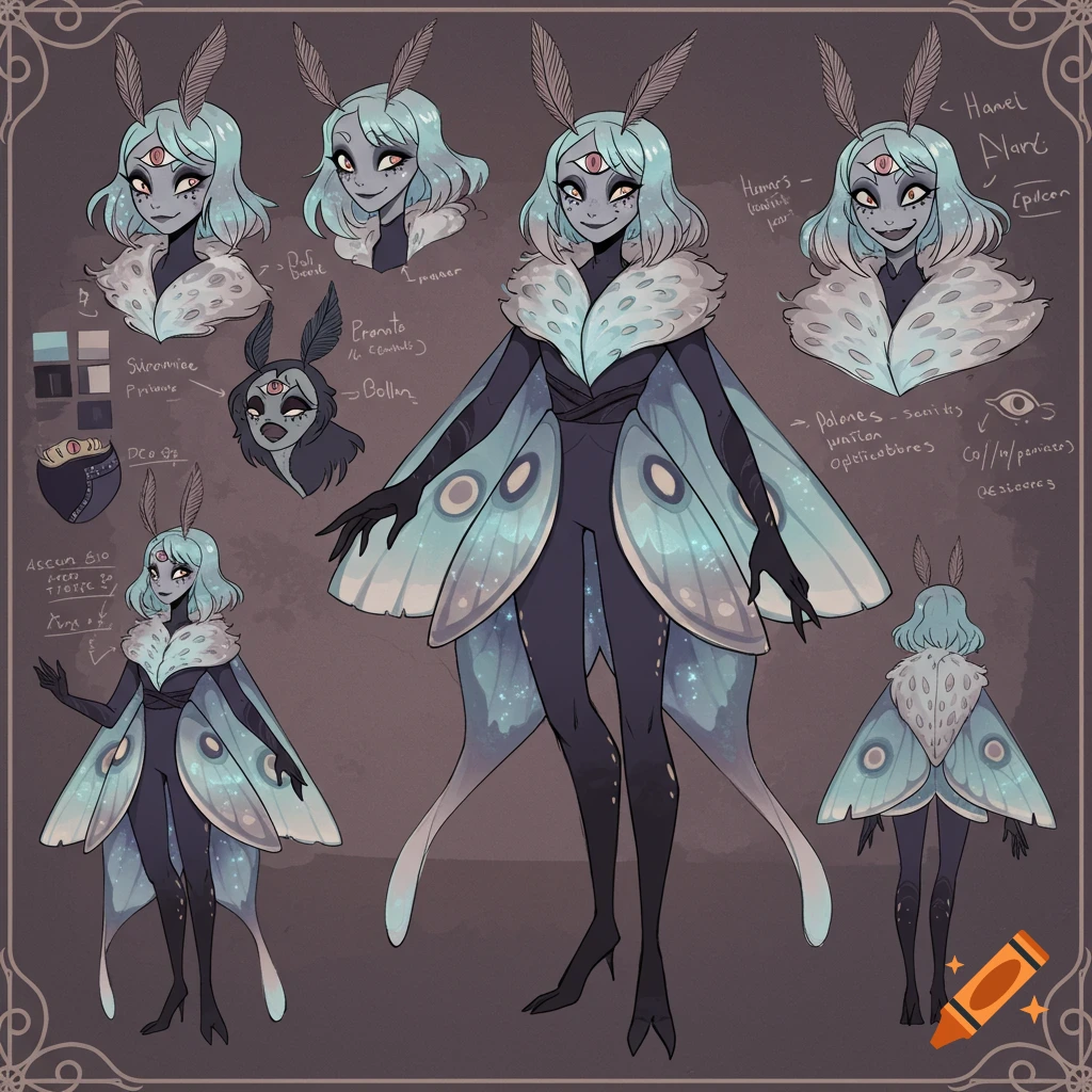 Anime-style character sheet of a moth-like creature with light blue hair, a third eye, and large, shimmering blue wings.