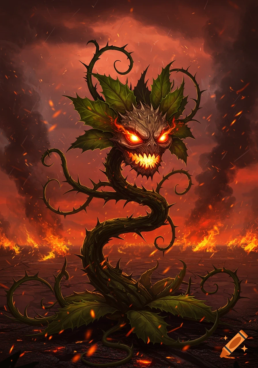 A monstrous, thorny plant with glowing red eyes and green leaves in a fiery, smoke-filled landscape, detailed fantasy illustration.