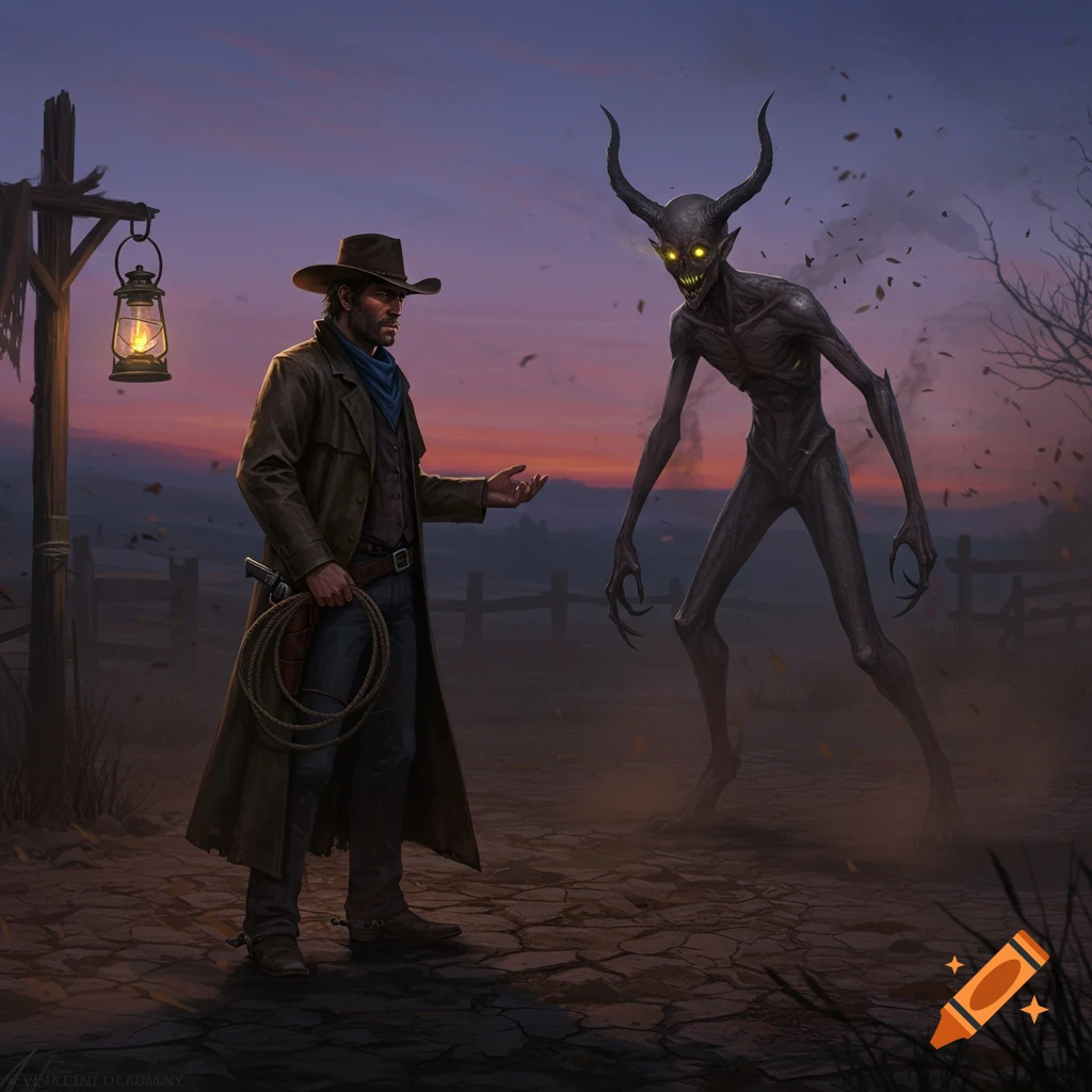 A cowboy confronts a horned, yellow-eyed demon at a dusty crossroads under a twilight sky, lit by a lantern.