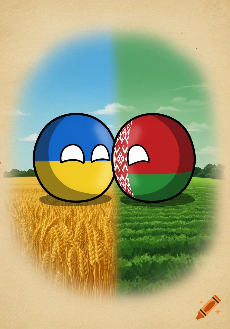 Cartoon countryballs of Ukraine and Belarus stand side-by-side in a field of wheat and green crops under a divided sky.