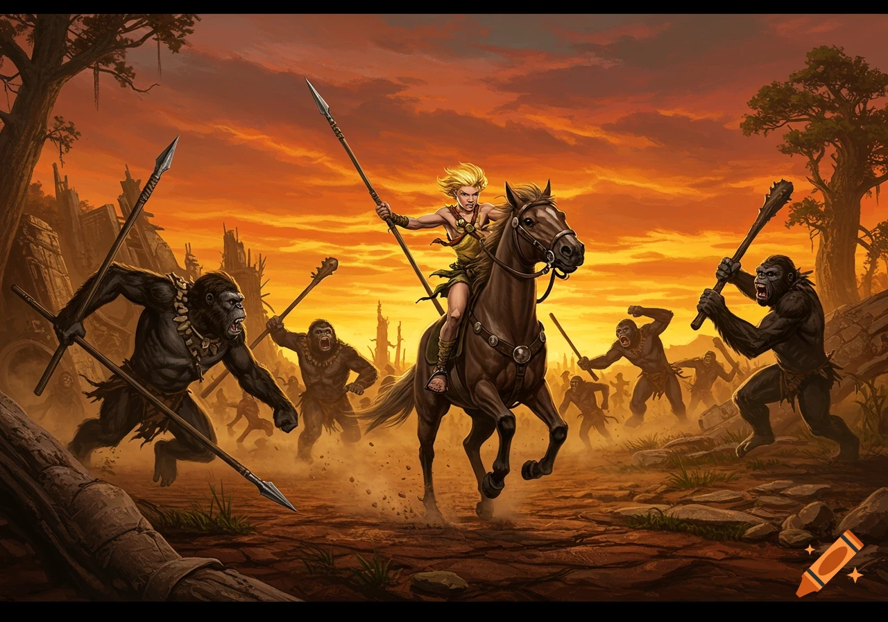 A blonde boy on horseback, holding a spear, charges through a horde of apes in a stylized post-apocalyptic landscape under an orange sky.