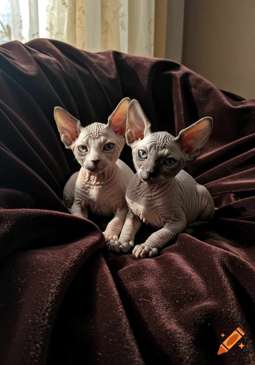 Two photorealistic Sphynx kittens with blue eyes sit on a dark red velvet blanket.