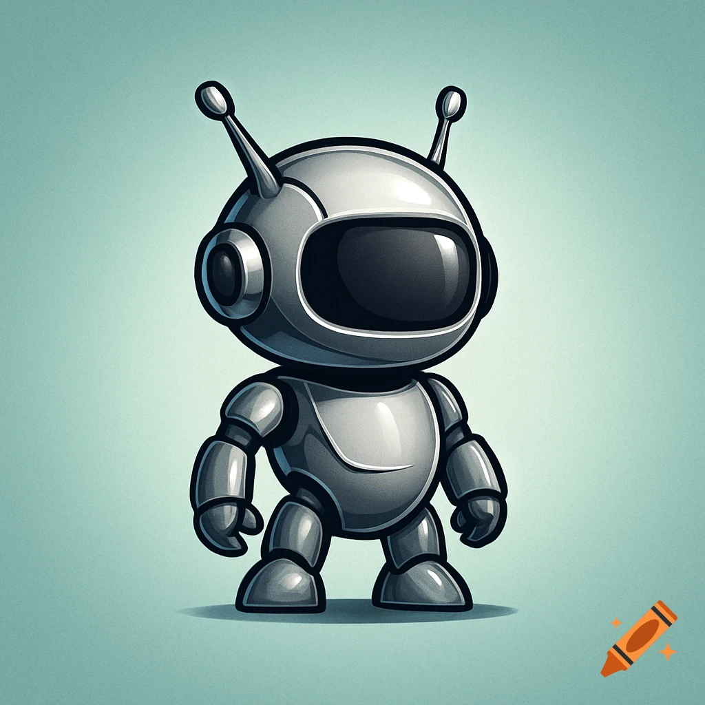 A stylized, gray cartoon mini robot with antennas and a dark visor against a light blue-green background.
