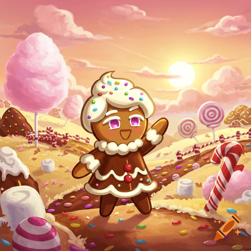 A happy gingerbread character with white icing hair waves in a vibrant candy land with lollipops, cotton candy trees, and a sunset.