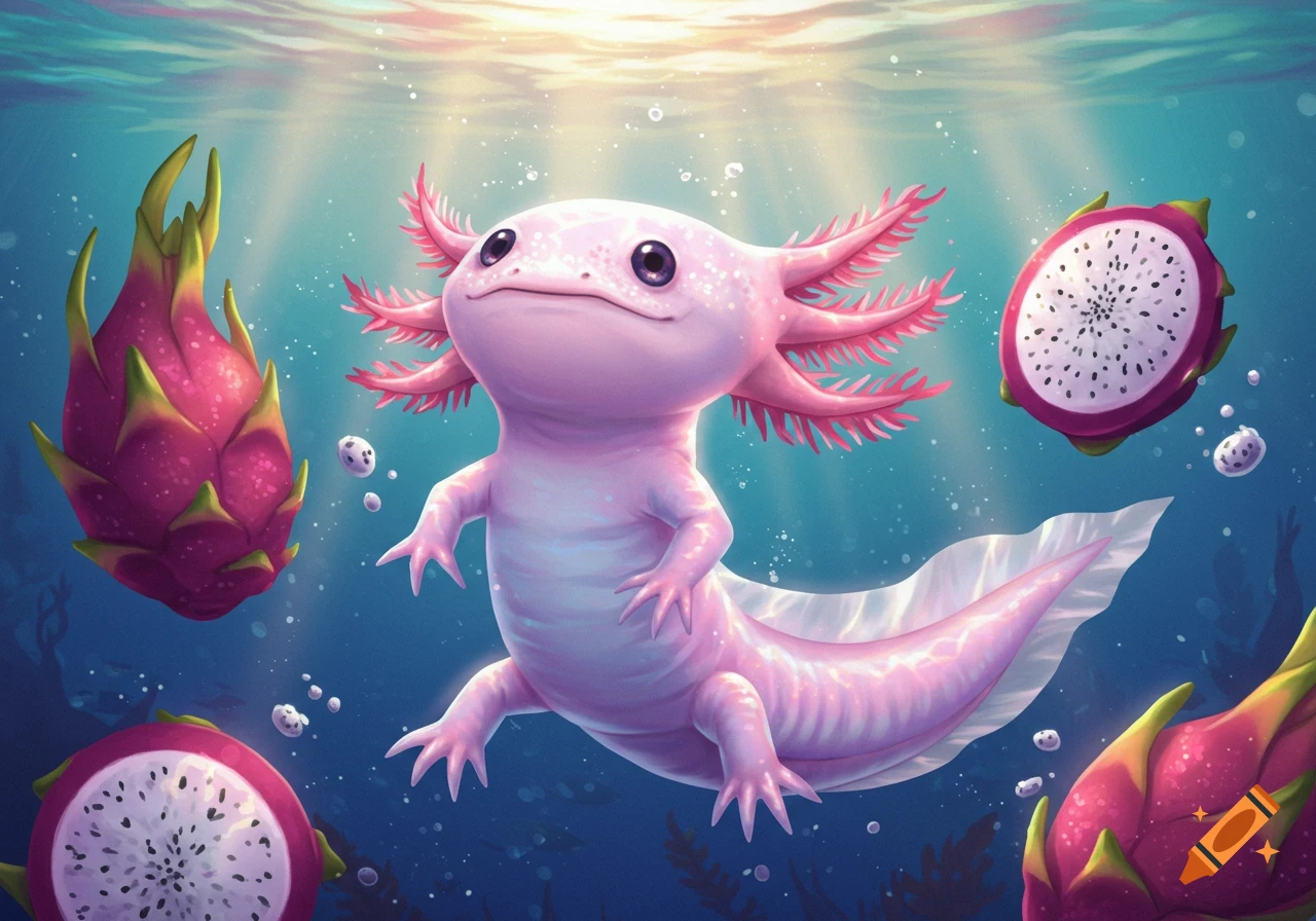 A cute pink axolotl swims underwater with dragon fruits, depicted in a whimsical cartoon digital art style.