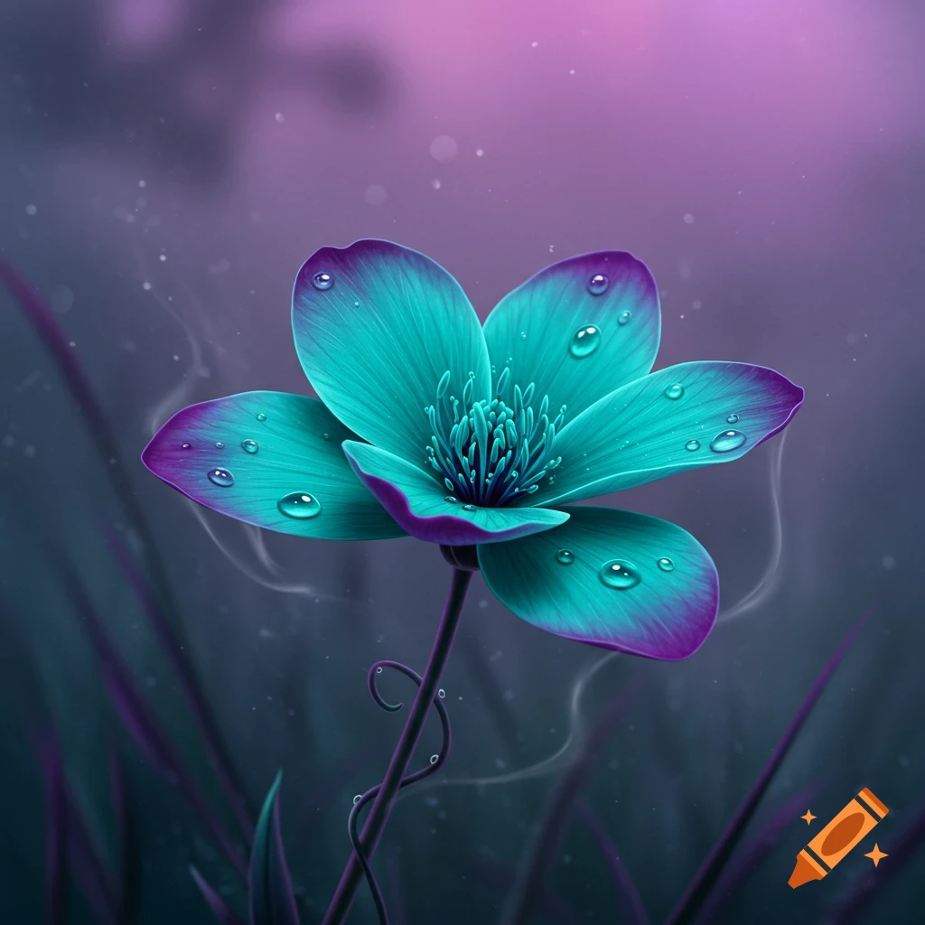 A vibrant teal and purple flower with water droplets on its petals, set against a blurred purple background.