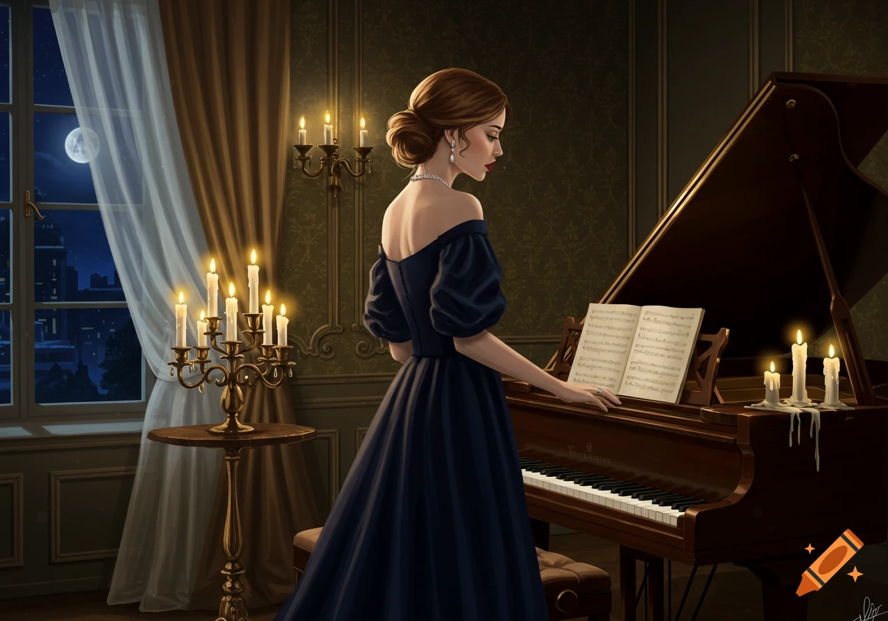 A woman in a dark blue gown with a low bun plays a grand piano by candlelight in a dimly lit room with a moonlit window.