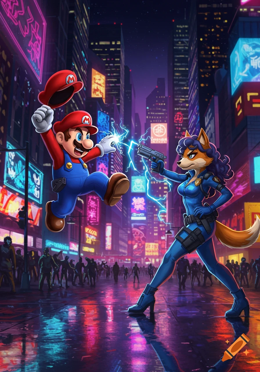 Mario battling Carmelita Fox in a vibrant, neon-lit cyberpunk city street, with lightning crackling between them.