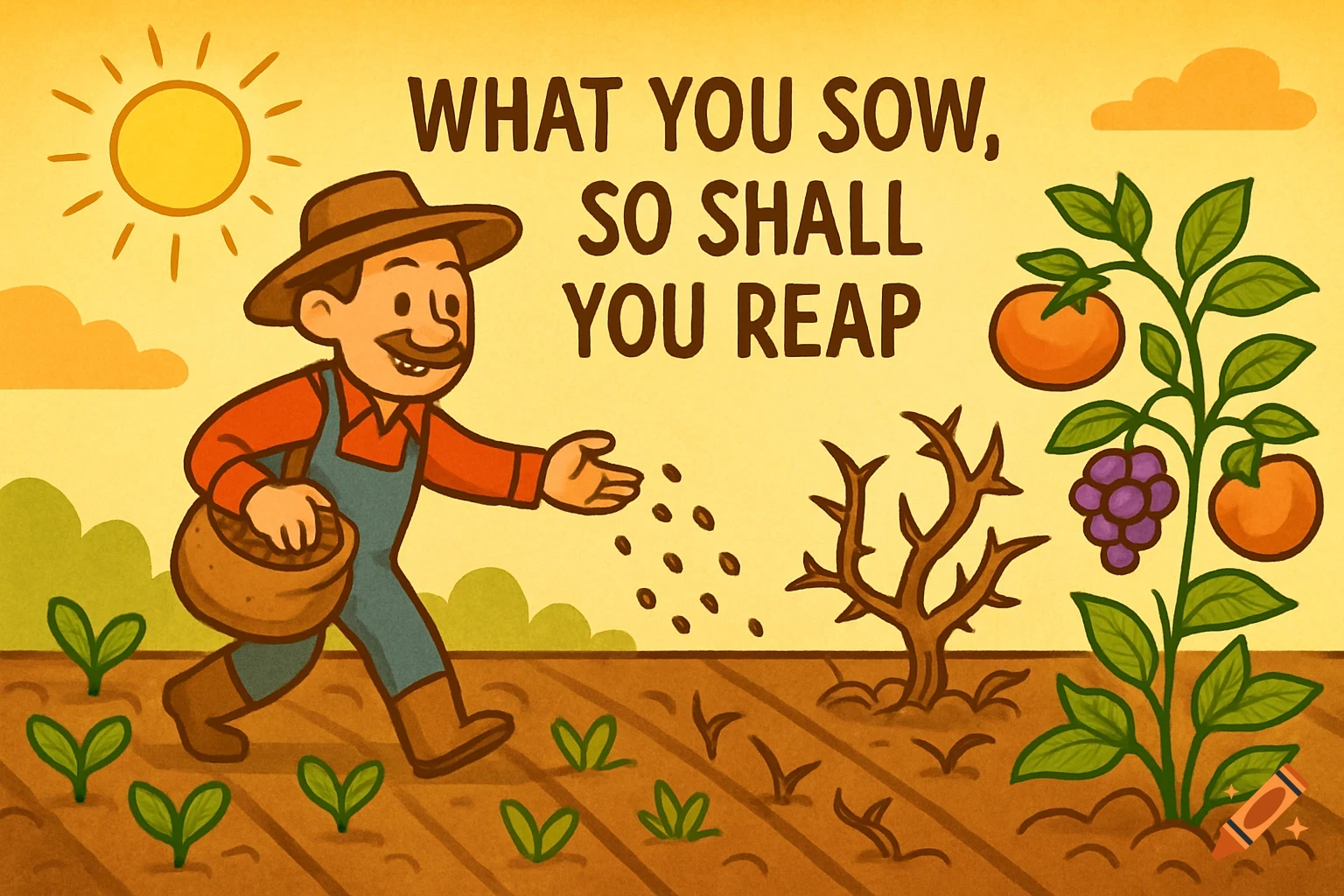 Cartoon illustration of a farmer sowing seeds in a sunny field with plants and the proverb 'What you sow, so shall you reap'.
