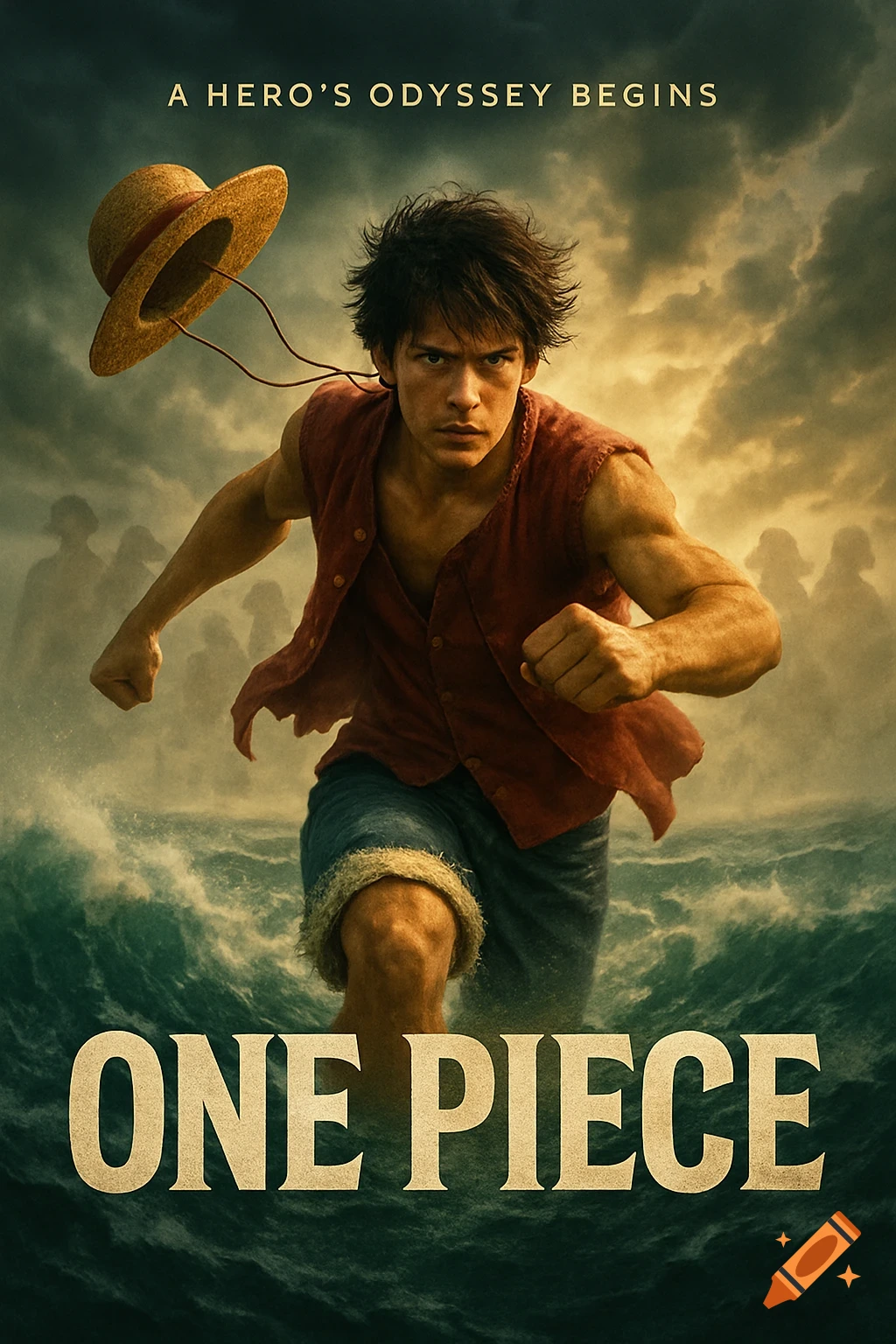 A movie poster depicting a young man running over stormy water, a straw hat floating above him, under a dramatic sky. Text reads 'ONE PIECE' and 'A HERO'S ODYSSEY BEGINS'.