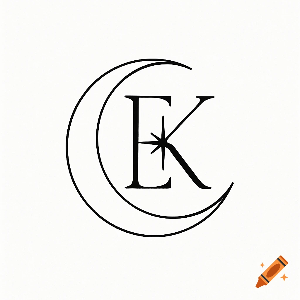 Black line art monogram logo with a crescent moon shaped E and a star-styled K on white.